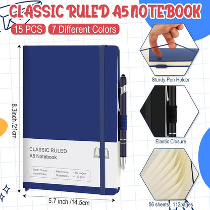 15 Pack Journal Notebook Bulk A5 Hardcover Notebook Classic Journal Set with Pen Holder with 15 Pcs Pens for School Business Work Travel Writing (Multicolor)