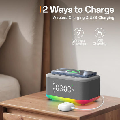 Alarm Clock Speaker Wireless Charger, Digital Alarm Clocks Bedrooms Bluetooth, Alarm Clock Dimmable Light Bedrooms Bluetooth Speaker Dual Alarm Snooze 12/24H Dimmer Support USB AUX, Grey
