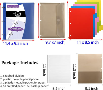 Pivotable Refillable Notebook, 1 Inch 3 Ring Notebook Binder, 100 College Ruled Paper, 5 Subject Notebook with Dividers and Folder Pockets, Tabs- Blue