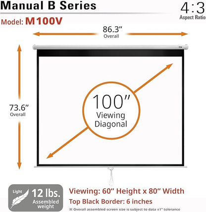 Elite Screens Manual B Series, 100-inch Diagonal 4:3, Pull Down Projection Manual Projector Screen with Auto Lock, M100V