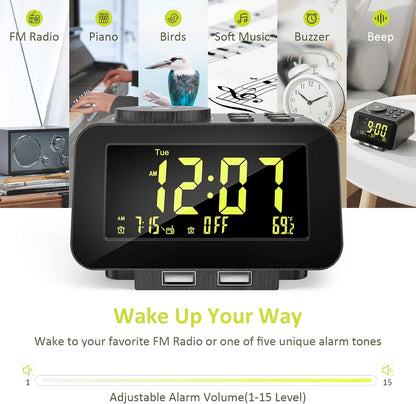 uscce Alarm Clock Radio for Bedroom - 0-100% Dimmer, 2 USB Chargers, Dual Alarm with Weekday/Weekend Mode, FM Radio w/Auto-Off Timer, Battery Backup, Loud Alarm Clock for Heavy Sleeper(Wood Grain)