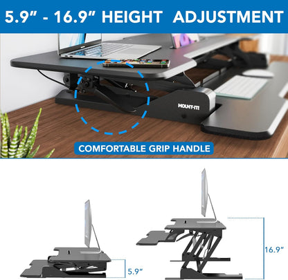 Mount-It! 47" Standing Desk Converter, Large Wide Tabletop Height Adjustable Desk Riser with Gas Spring, Desktop Sit Stand Up Desk with Keyboard Tray Fits 2 Monitors or Monitor and Laptop, Black