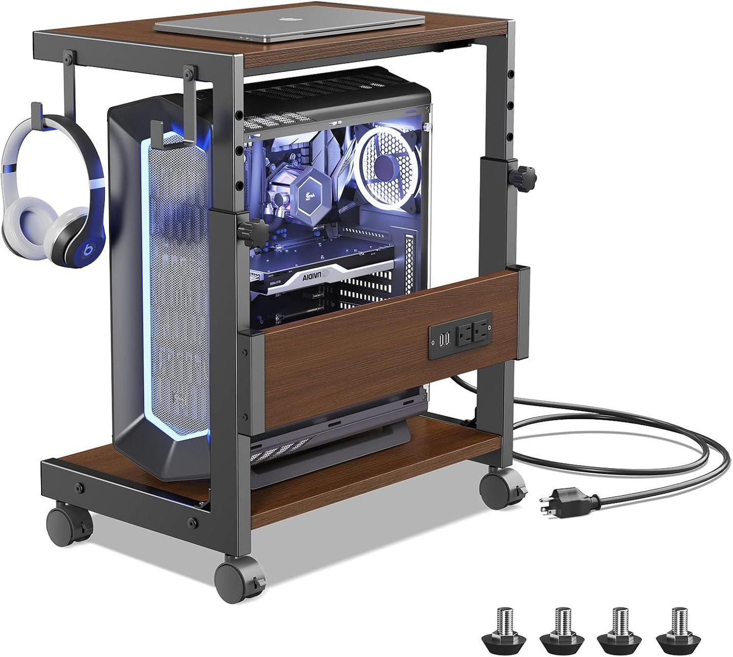 Computer Tower Stand with Charge Station and USB Charging Port - Height Adjustable PC Tower Stand, Under Desk CPU Holder Cart with Locking Caster Wheels for Fits Most PC