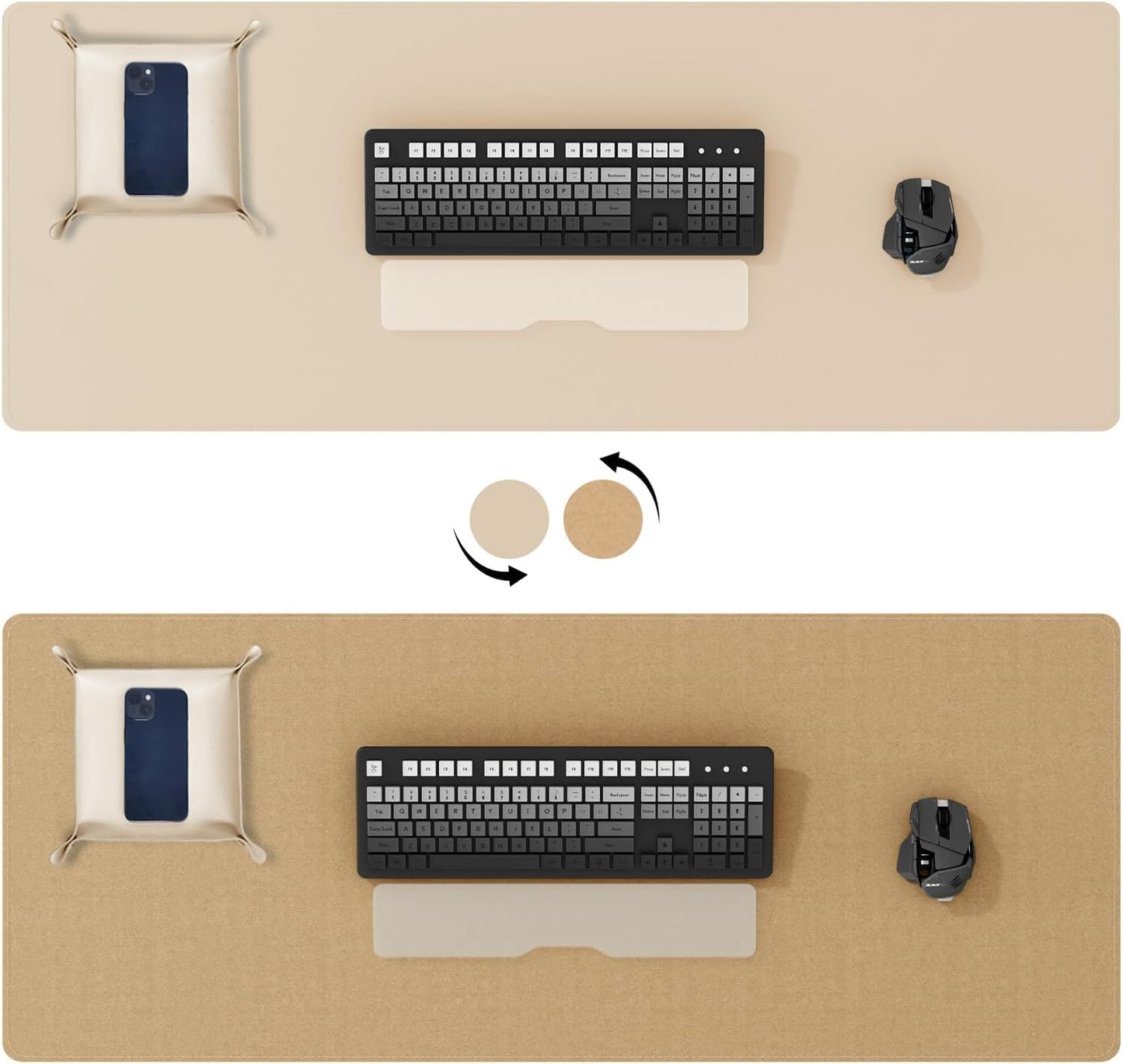 DAWNTREES Dual Sided Desk Mat,Khaki Leather Desk Pad,47.2''x23.6'',Cork Desk Mat Protector,120x60cm Extra Large Mouse Pad,with PU Leather Valet Tray Organizer,Desk Writing Pad for Office and Home