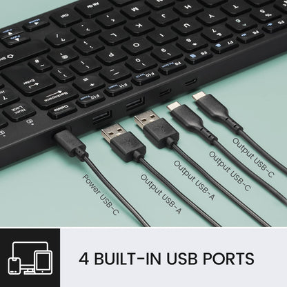 Perixx PERIBOARD-215B US, Wired Keyboard - Ultra Slim Scissor Keys - 2 Built-in USB-A & USB-C Ports - Detachable Cable - Black - US English