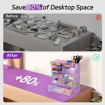 Mesh Pen Organizer for Desk, Multi-Functional Pencil Holder with Drawer Desk Organizers, Large Capacity Storage for School Office Home Supplies (Purple)