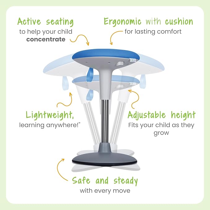 Wobble Stool for Kids Ages 7–12; Adjustable Height Wobble Stools for Classroom Seating with Soft Cushion; Flexible Wiggle Chair for Focus and ADHD Support + Bonus Visual Timer (Sky Blue)
