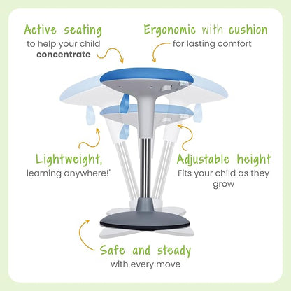 Wobble Stool for Kids Ages 7–12; Adjustable Height Wobble Stools for Classroom Seating with Soft Cushion; Flexible Wiggle Chair for Focus and ADHD Support + Bonus Visual Timer (Sky Blue)
