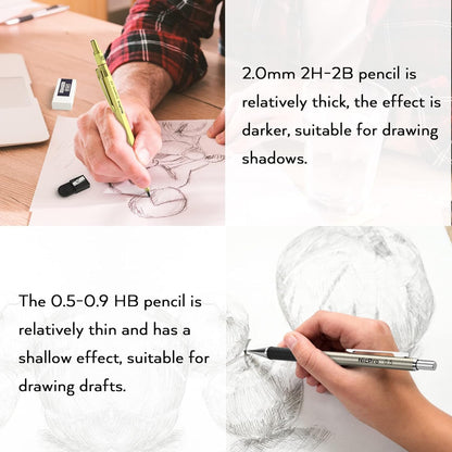 Nicpro 35PCS Gold Art Mechanical Pencils Set, 3 PCS Metal Drafting Pencil 0.5 mm & 0.7 mm & 0.9 mm & 3 PCS 2mm Lead Holder (6B 4B 2B HB 2H 4H Colors) For Sketching Drawing