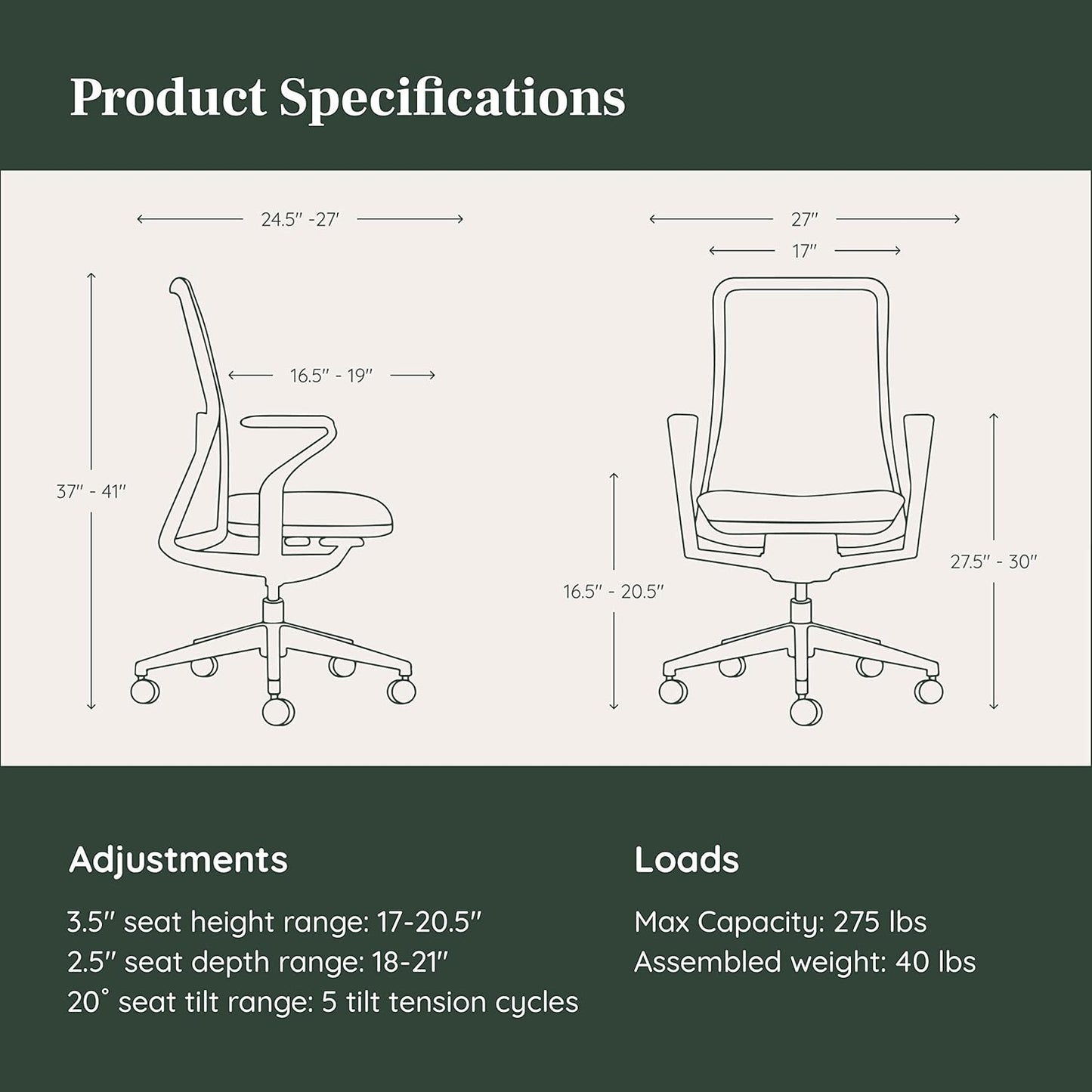Branch Verve Chair - High Performance Executive Office Chair with Contoured Seat Back and Adjustable Lumbar Rest - High Density Foam Cushion with Aluminum Base - Up to 275 lbs - Galaxy