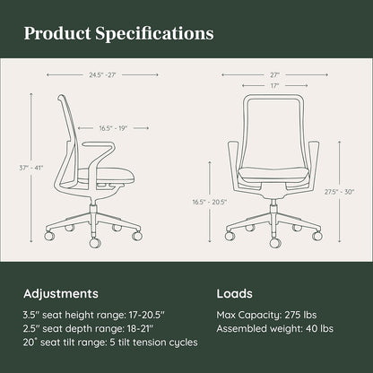 Branch Verve Chair - High Performance Executive Office Chair with Contoured Seat Back and Adjustable Lumbar Rest - High Density Foam Cushion with Aluminum Base - Up to 275 lbs - Wheat