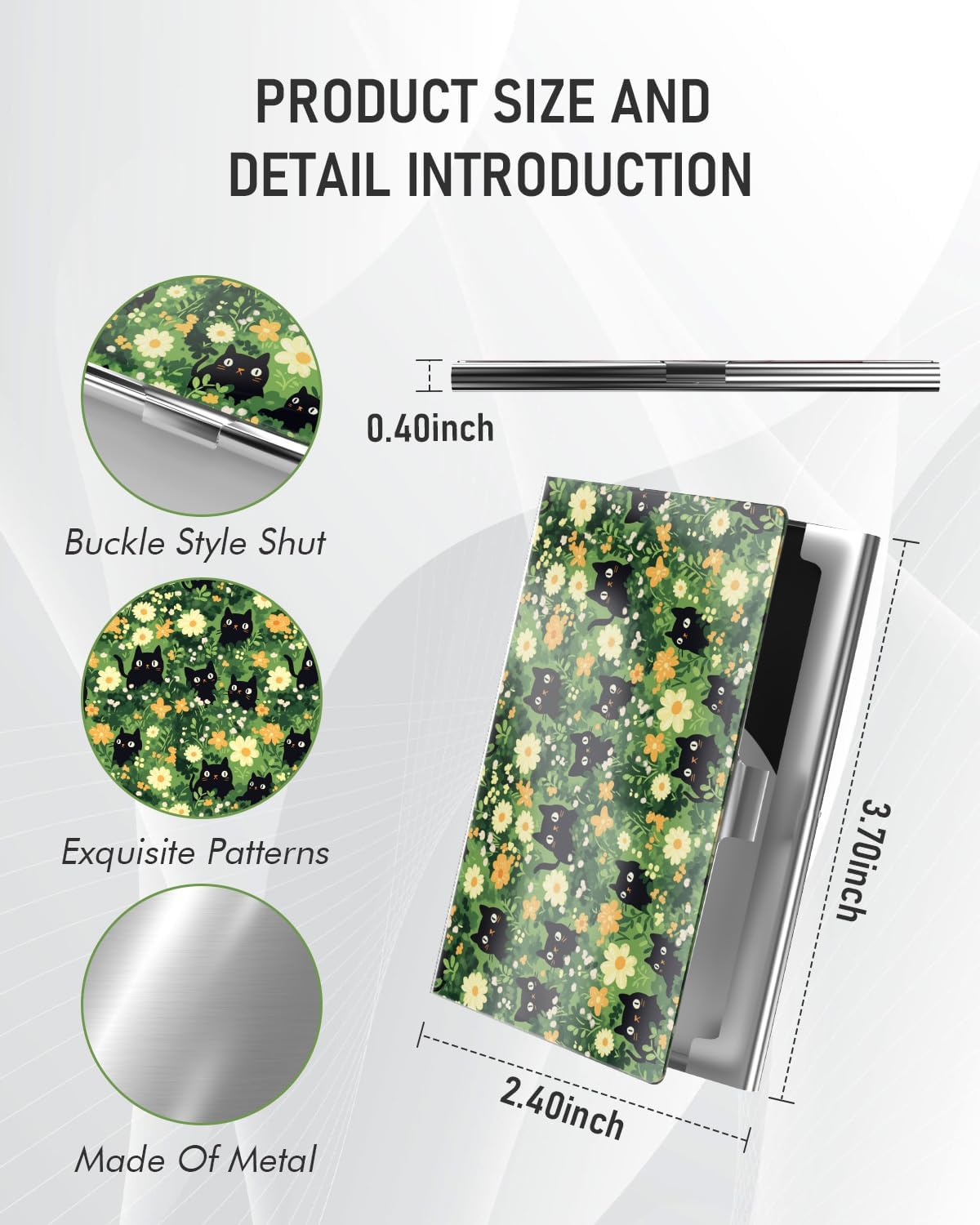 Business Card Metal Slim Organizer, Professional Stainless Steel Square Pocket Wallet for Office Workers, Compact and Portable for Pockets (Cats and Flowers)