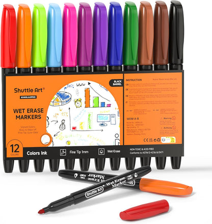 Shuttle Art Wet Erase Markers, 12 Colors 1mm Fine Tip Smudge-Free Markers, Use on Laminated Calendars,Overhead Projectors,Schedules,Whiteboards,Transparencies,Glass,Wipe with Water