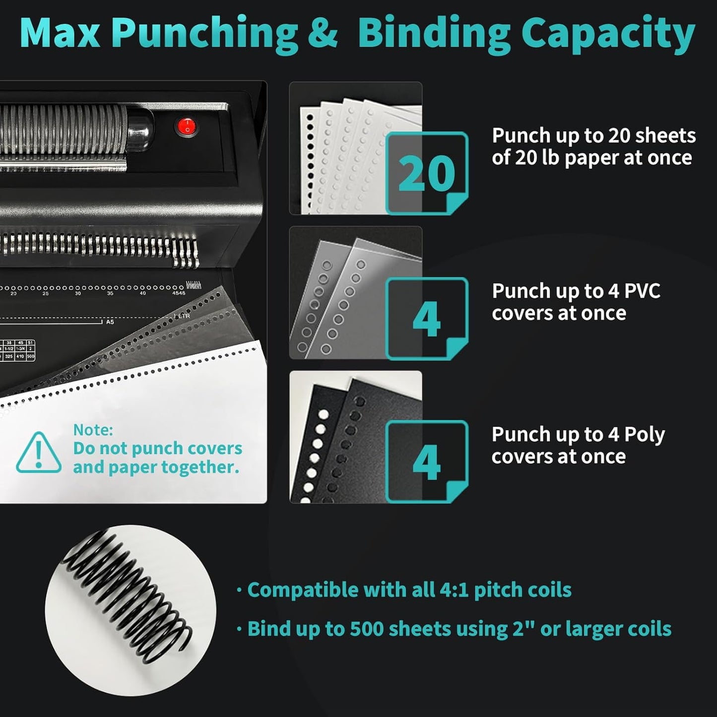 Binditek Spiral Binding Machine for Letter Size/A4/A5, Manual Round Hole Punch, Disengaging Pins, Adjustable Side Margin, with 100 pcs 5/16" Binding Coils, Pliers, PVC Covers & Power Adapter
