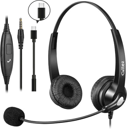 Callez Wired Computer Headset, 3.5mm/USB-C Headset with Mic Noise Cancelling for Work, Cell Phone Headphone for PC Laptop Mac iPhone Samsung Zoom Teams Call Center Home Office, in-line Controls