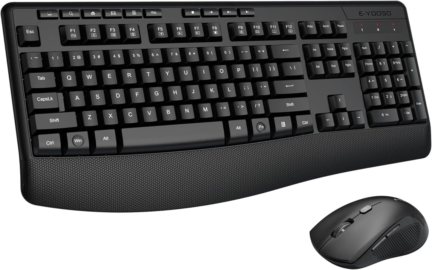 Wireless Keyboard and Mouse Combo, E-YOOSO 2.4GHz Full Sized Ergonomic Wireless Keyboard with Wrist Rest, 3 DPI Adjustable and 6 Buttons Cordless USB Mouse for Computer, Laptop, PC, Windows (Black)