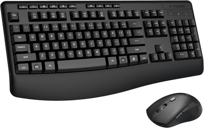 Wireless Keyboard and Mouse Combo, E-YOOSO 2.4GHz Full Sized Ergonomic Wireless Keyboard with Wrist Rest, 3 DPI Adjustable and 6 Buttons Cordless USB Mouse for Computer, Laptop, PC, Windows (Black)