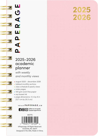 PAPERAGE 17 Month Academic Planner 2025-2026, Weekly & Monthly Spreads, August 2025 - December 2026, Small (5 in x 8 in), Blush
