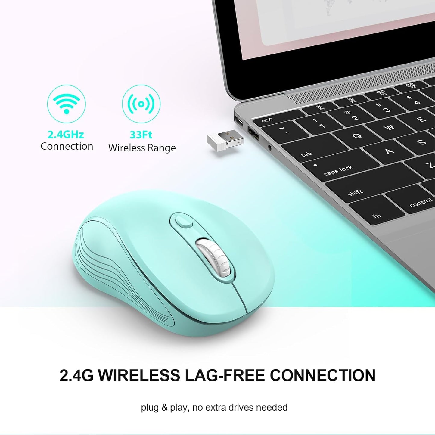 WisFox 2.4G Wireless Mouse for Laptop, Ergonomic Computer Mouse with USB Receiver and Type-C Adapter, 3 Adjustable Levels DPI, 6 Button Cordless Wireless Mice (Mint Green, 1 Pack)