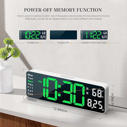 Digital Clock, Digital Wall Clock for Living Room Decor, Desk Alarm Clock for Bedroom, Large Wall Clock with Remote Control, Automatic Brightness Dimmer LED Clock with Date Temperature Week (Green-W)