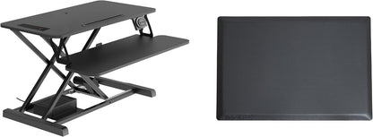 Rocelco 37.4" Electric Standing Desk Converter with Anti-Fatigue Floor Mat - AC USB Charger - Motorized Adjustable Sit Stand Up Computer Workstation Riser - Large Keyboard Tray - Black (R EDRB-MAFM)