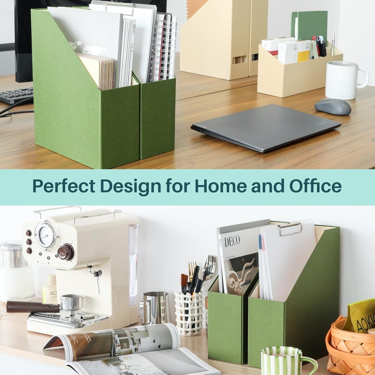 Magazine Holder - File Holder and Desk Organizer, Paperboard Book Organizer and Storage Box for Documents, Magazine Holder Rack for Classroom, Home, and Office (Leaf Green, 4-Pack)