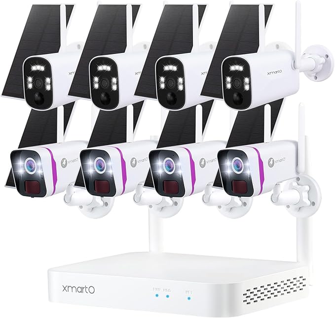 XMARTO 100% Wire-Free Solar Home Security Camera System Wireless, 4-Set 2K 4MP QHD CCTV Camera Kit with 4K 10CH Expandable WiFi NVR + 4 PCS Wire-Free Solar Security Cameras