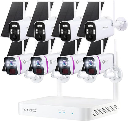 XMARTO 100% Wire-Free Solar Home Security Camera System Wireless, 4-Set 2K 4MP QHD CCTV Camera Kit with 4K 10CH Expandable WiFi NVR + 4 PCS Wire-Free Solar Security Cameras