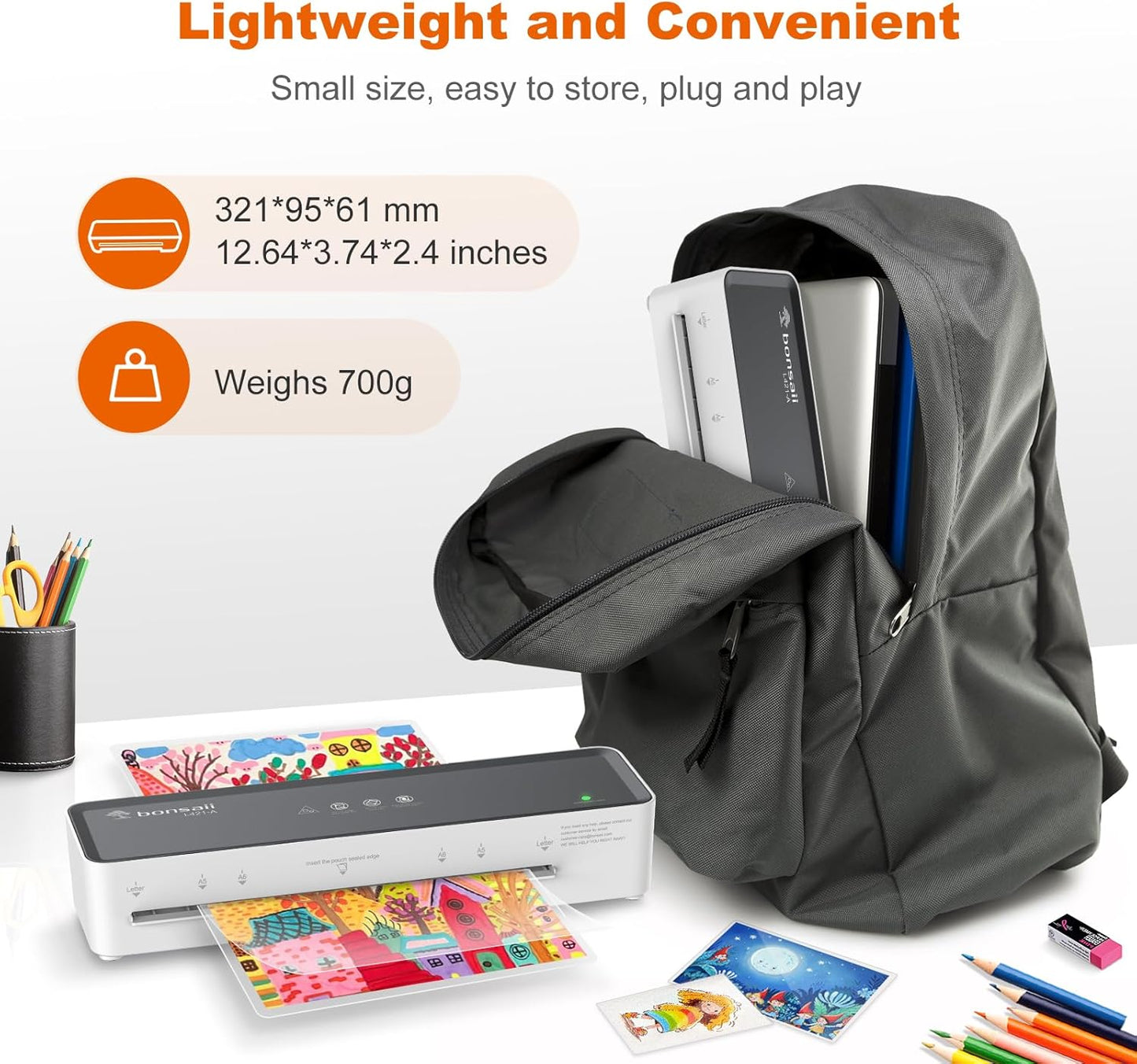 Bonsaii Laminator Machine with 5 Laminating Sheets, 9 Inch Thermal Laminating Machine for Doc/Posters/Photos, Compact Laminator for Home Office School, L421-Grey