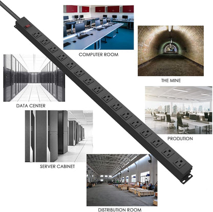 HHSOET 16-Outlet Metal Wall Mount Power Strip, 15 ft 14AWG Power Cord, 15A 125V 1875W, Black