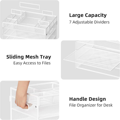 Marbrasse 5-Tier Letter Tray Paper Organizer with Handle, Multi-Functional Mesh File Organizer for Desk, Adjustable Compartments Mesh Desktop Storage for Office Supplies,White