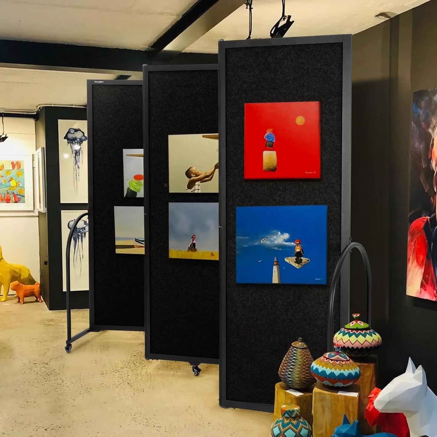 Folding Room Partition,Privacy Room Screen with Arms,Office Dividers Partition Wall,10'2"L* 6'7"H,Black