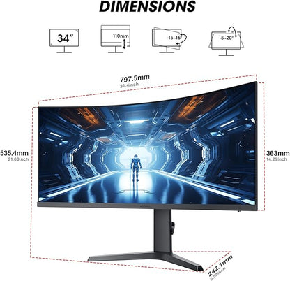 KOORUI 34-inch Curved Ultrawide WQHD 3440×1440 Gaming Monitor, 180Hz 1000R- PIP/PBP, 1ms(MPRT), HDR400, DCI-P3 95%, FreeSync Premium, 1 x DP 1.4 & 2 x HDMI 2.0, Tilt Height Swivel Adjustment, 34E6UC