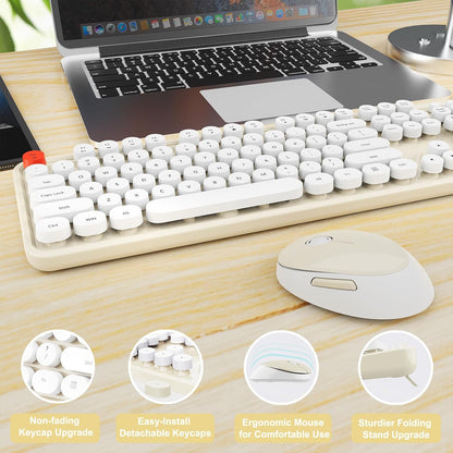 Wireless Keyboard and Mouse Combo, Ergonomic Full Size Typewriter Retro Round Keycaps Keyboard, Compatible with Windows, PC, Perfer for Home and Office Keyboards (Beige