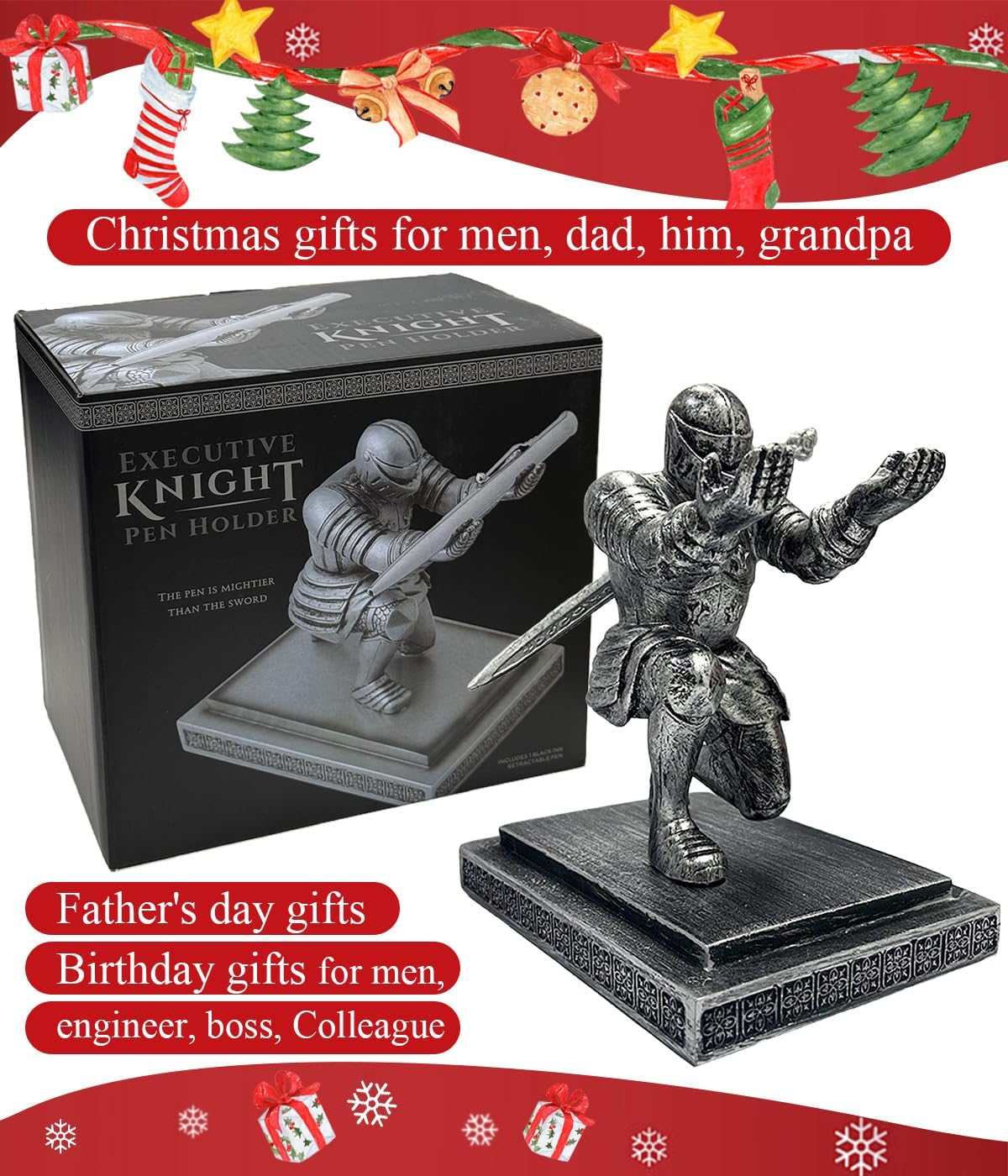Magnetic Knight Pen Holder Knight Statue Pen Holder for Desk Organizers Resin Pencil Holder as Gift with Sword Letter Opener for Office Home Desk