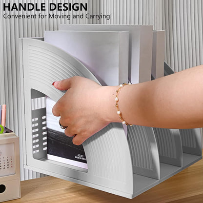 SAYEEC Magazine File Holder Folder Storage Desktop Standing Hollow File Bookshelf Organizer Office Racks Displays Holds Notebooks Documents (3 Compartments - Light Grey x 2)
