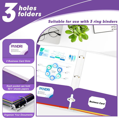 Two Pocket Portfolio Folders, PANDRI 60 Pack 3 Hole Punched 2 Pocket Folders for 3 Ring Binder, Letter Size Paper File Folder for School Office Home Business, Purple