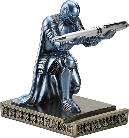 Windbreaker Soldier Knight Pen Holder Personalized Desk Accessory, Mobile Phone & Gaming Controller Holder, Device Stand Gift for Medieval Enthusiasts (Blue)