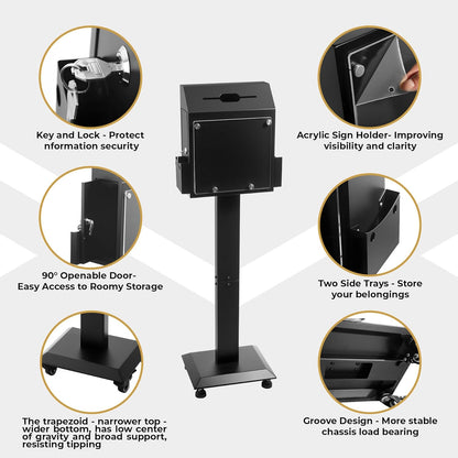 POPMOON Suggestion Box with Stand,Floor- Standing Offering Box with Sign Display,Upgraded Heavy Duty Metal Ballot Box with Slot and Lock,Locking Casters for Voting Charity Donation Election,Church