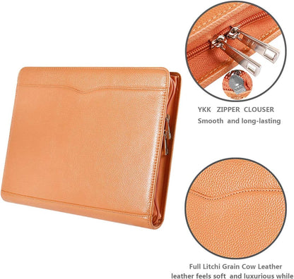 Professional Leather Business Padfolio Portfolio Case, 3 Ring Binder,Zippered Business Document Organizer Tablet Holder Folder Case,with Letter Size Notepad (Brown)