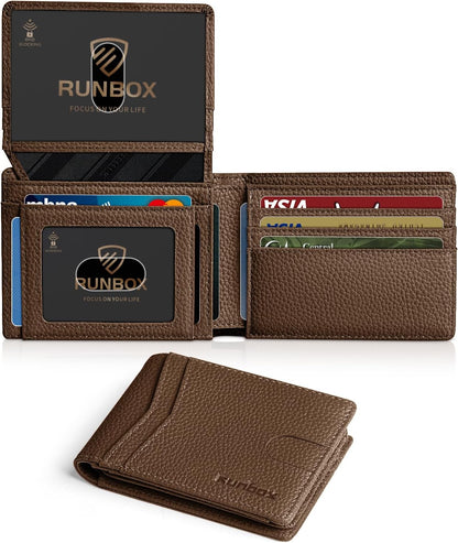 RUNBOX Wallet for Men Slim Rfid Leather 2 ID Window With Gift Box