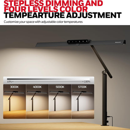 Honeywell LED Desk Lamp with Clamp - HJ1 Sunturalux Eye-Caring Clip on Lights for Home Office, 1200LM Clamp Lamp 4 Color Modes Stepless Dimming Task Desk Light for Working Black