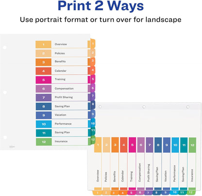 Avery Dividers for 3 Ring Binders, 12 Tabs per Set, Customizable Table of Contents, Multicolor Tabs, Great for Organizing Reports, Projects, and More (11141)