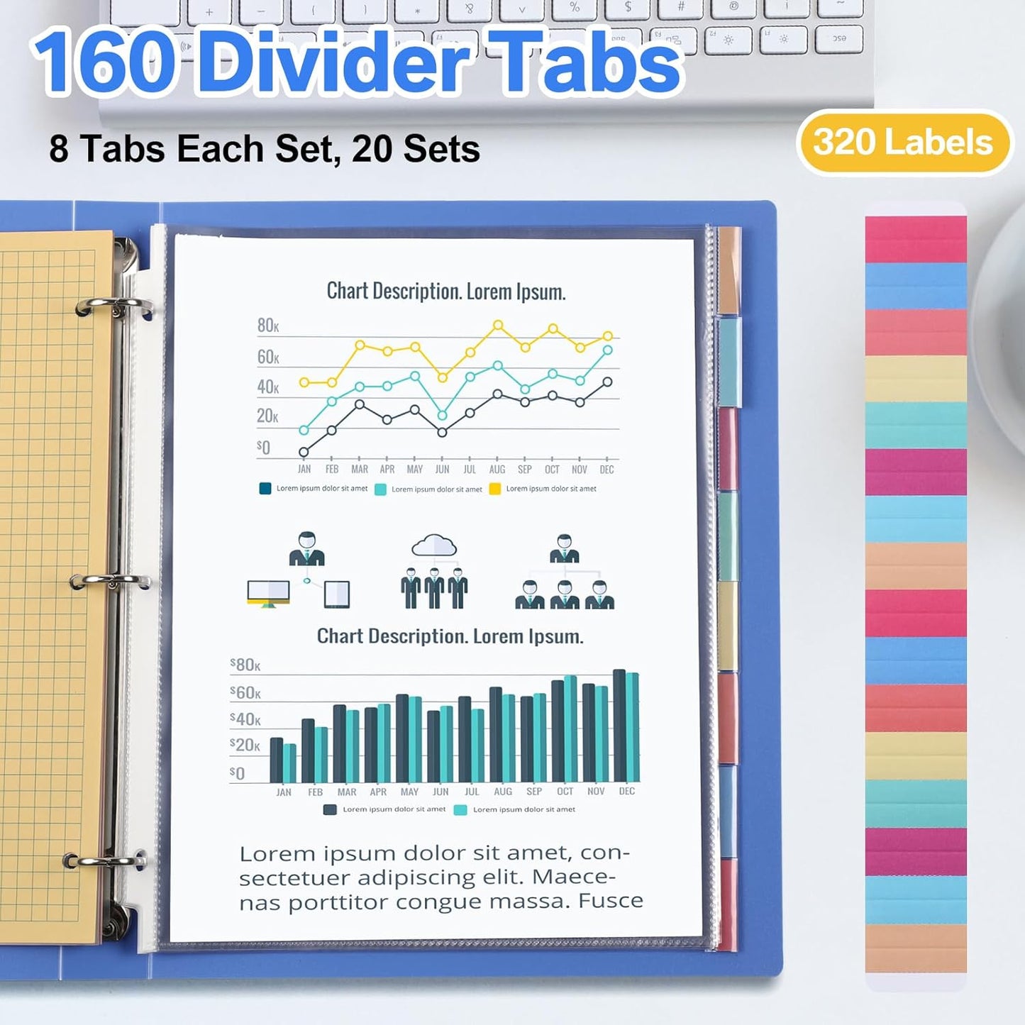 ReliThick 6 Set of 48 Pack Clear Sheet Protectors 8.5 x 11 Inch Page Protector for 3 Ring Binder with 8 Tabs Plastic Dividers for 3 Ring Binder, Insertable Index Page Divider Multicolor Tabs