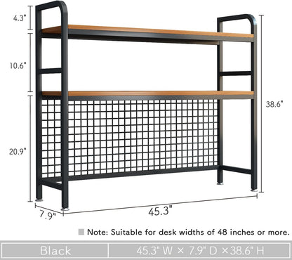 IOTXY 2-Tier Desktop Hutch Bookshelf - Metal Desk Shelf Bookcase with Grid Panel, Countertop Storage Organizer Rack for Dorm or Office, Black, 45.3" W