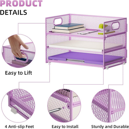 Marbrasse 3 Tier Paper Organizer Letter Tray, Mesh File Organizer with Handle, Paper Sorter Desk Organizer for Home Office Supplies(Purple)