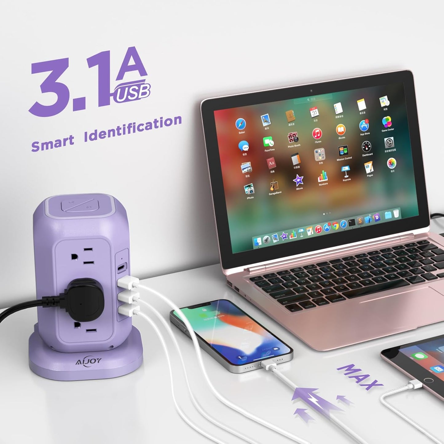 USB C Power Strip Tower, Surge Protector with 12 AC Outlet and 4 USB Ports, AiJoy 10 FT Extension Cord, 1200J Power Strip Surge Protector, USB Charging Station, Office Supplies, Dorm Essentials, Woman