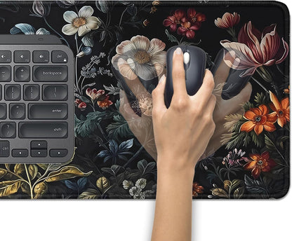 Vintage Aesthetic Mouse Pad,Extended Flower Plant Black Mousepad Desk Pad with Stitched Edges,Non-Slip Waterproof Rubber Base Mouse Mat for Office Computer Keyboard Laptop Home(27.5x11.8 in)