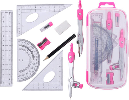 Math Geometry Kit Sets 10 Piece Student Supplies with Shatterproof Storage Box,Includes Rulers,Protractor,Compass,Eraser,Pencil Sharpener,Lead Refills,Pencil,for Drafting(Pink）