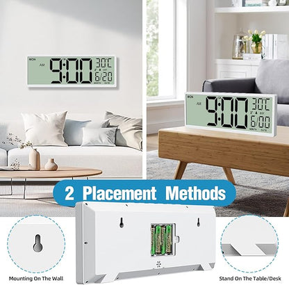 XREXS 14.5" Digital Wall Clock Battery Operated with Big Digits LCD Screen Display, Large Display Timer with Temperature Date Week Auto DST, Alarm Clock for Classroom, Livingroom, Office